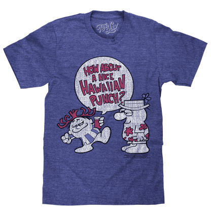 Blue heather T-shirt with large retro Hawaiian Punch graphic on front