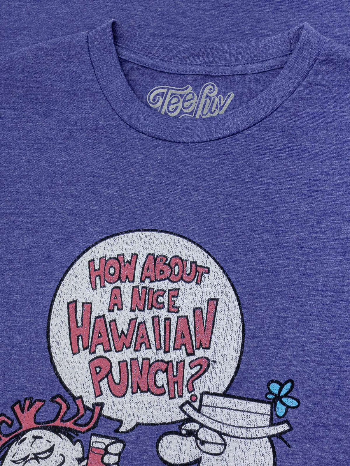 Blue T-shirt close-up with crew neck and 'How about a nice Hawaiian Punch?' graphic