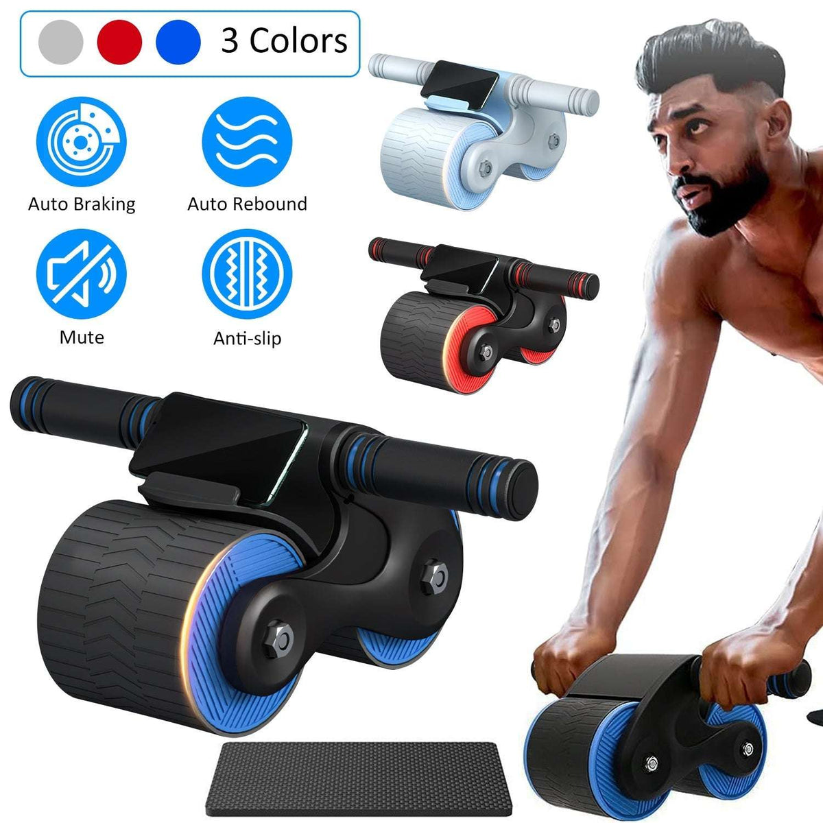 Abdominal rebound wheel with kneel pad, black frame with blue wheels, in a plank workout