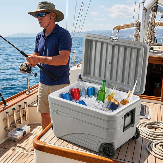 Gray wheeled cooler with pull handle, open lid with drinks and ice