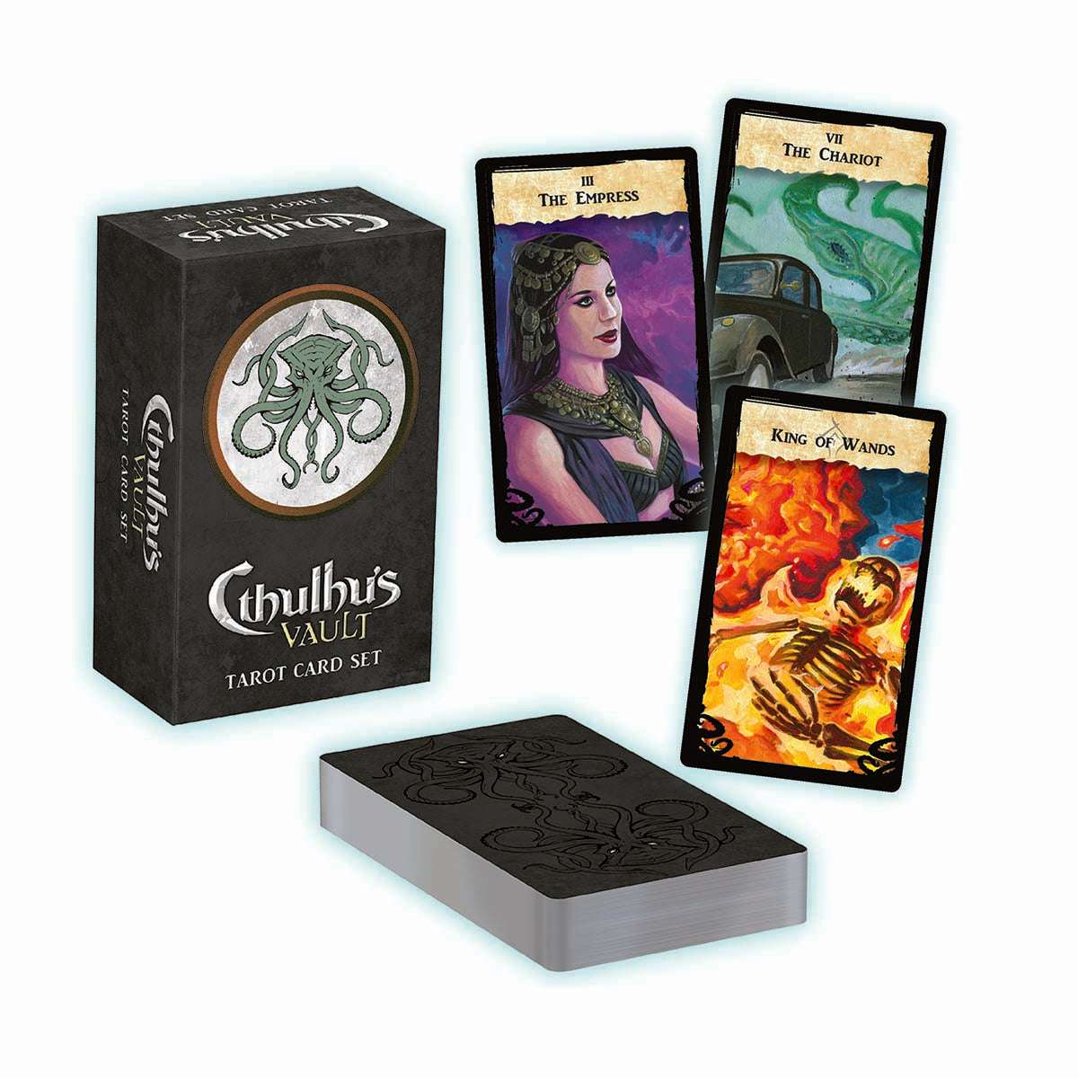 Cthulhu’s Vault tarot deck with two illustrated cards and black box