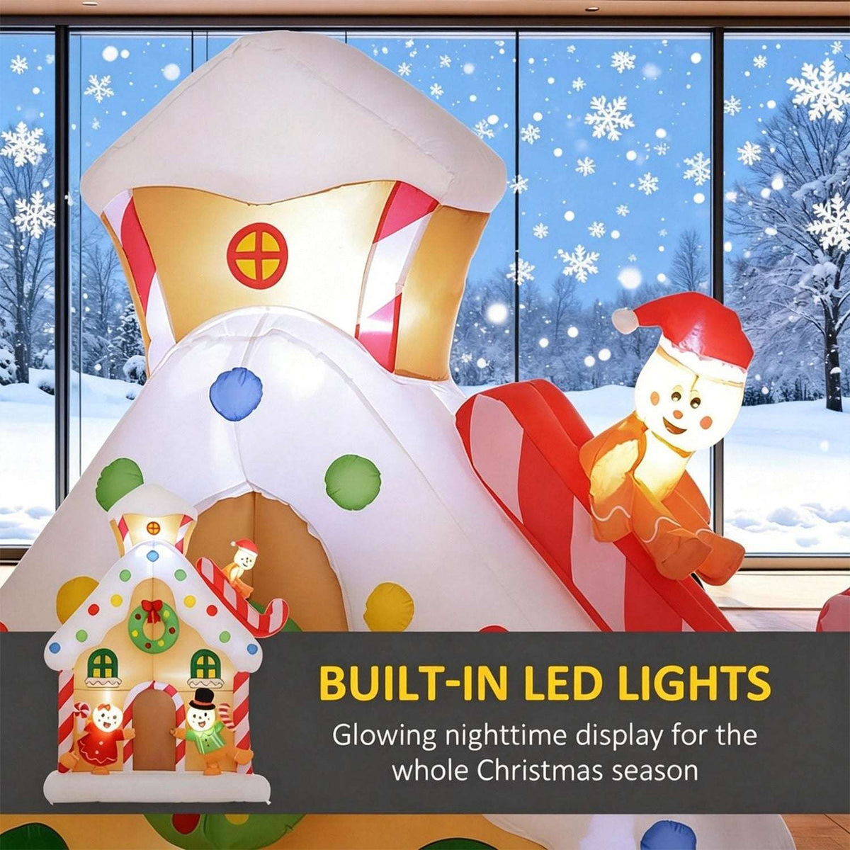 Inflatable gingerbread house with built-in LED lights and a close-up of the sleigh-riding snowman