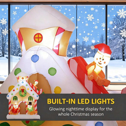Inflatable gingerbread house with built-in LED lights and a close-up of the sleigh-riding snowman