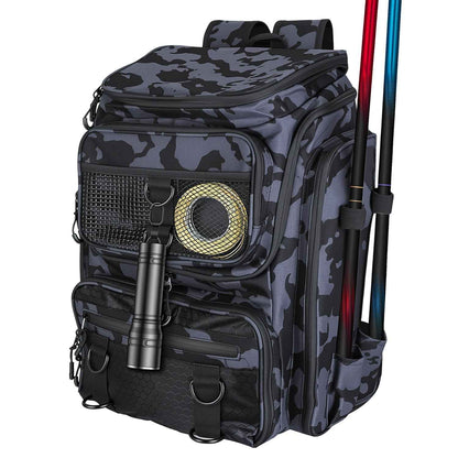 LakeForest Fishing Backpack – 42L, 16 Pockets, Dual Rod Holders & 8 D-Rings | 900D Polyester | 14.96"x9.06"x18.9" | Camo