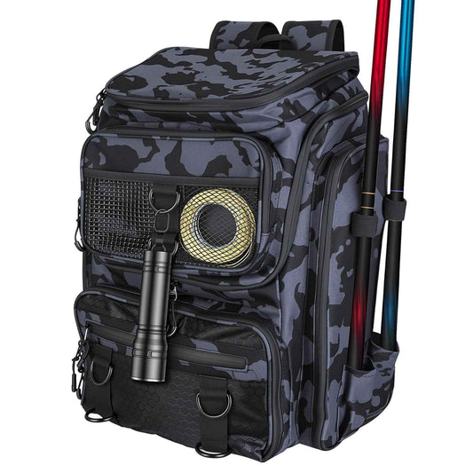 Camo fishing backpack with dual rod holders, front organizer pocket and zipper compartments