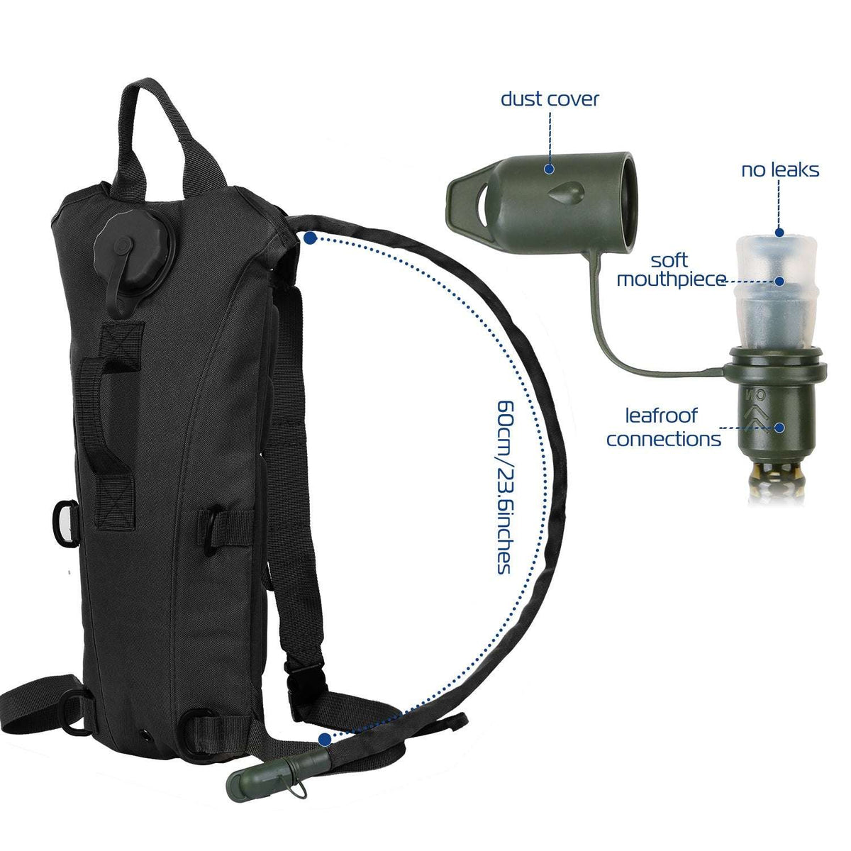 Black hydration pack with green bladder, tube, dust cover, and soft mouthpiece
