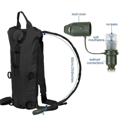 Black hydration pack with green bladder, tube, dust cover, and soft mouthpiece