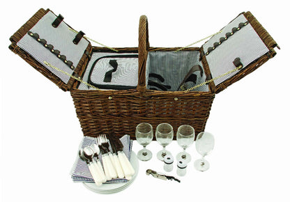 Twine Cape Cod Deluxe Wicker Picnic Basket Set for 4 | Insulated | Wine & Food Compartments