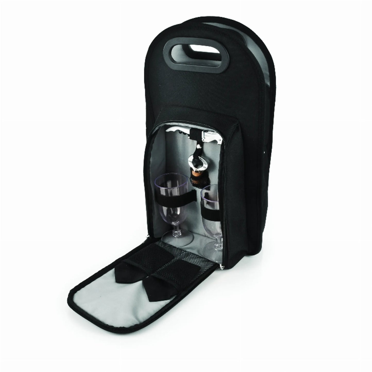 True Brands Metro Onyx Insulated 2-Bottle Wine Tote | Glasses, Corkscrew & Stopper Included | Black