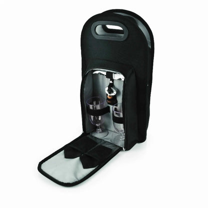 True Brands Metro Onyx Insulated 2-Bottle Wine Tote | Glasses, Corkscrew & Stopper Included | Black