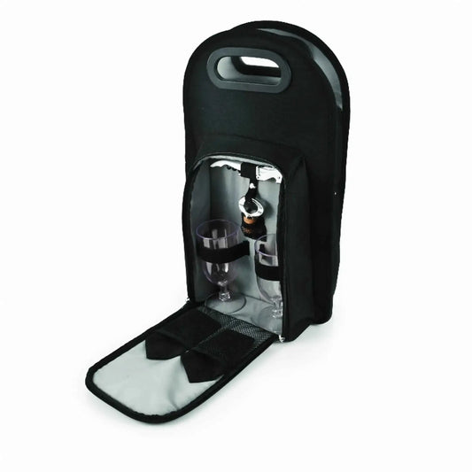Black insulated wine tote opened, showing bottle slots with corkscrew and stopper included