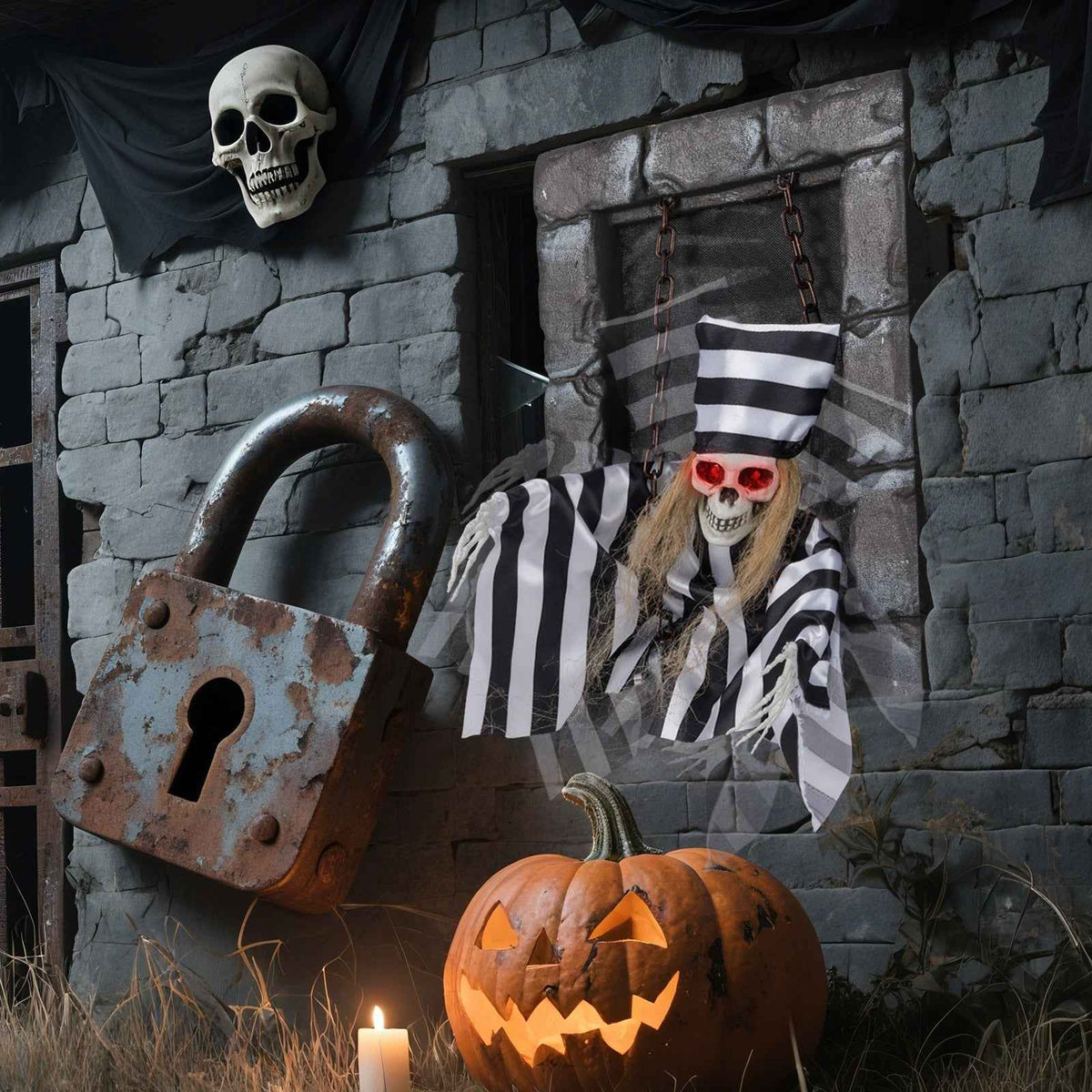 18-Inch Animated Hanging Skull Prisoner Halloween Decoration