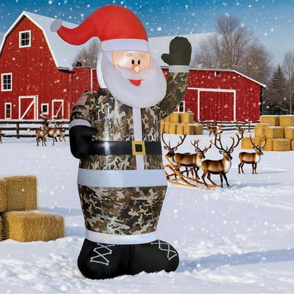 Inflatable camouflage Santa with camouflage outfit, US flag sleeve patch, and raised mitten