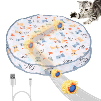 Interactive cat play mat with light blue edge and printed pouch, with rolling fuzzy ball