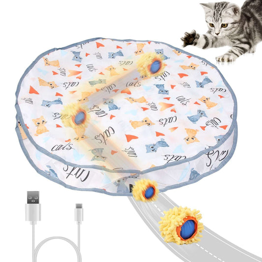 Interactive cat play mat with light blue edge and printed pouch, with rolling fuzzy ball