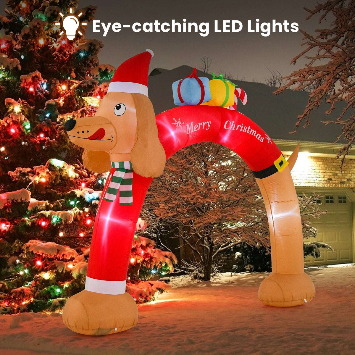Lighted inflatable dachshund Christmas arch with Santa hat, striped scarf and gifts