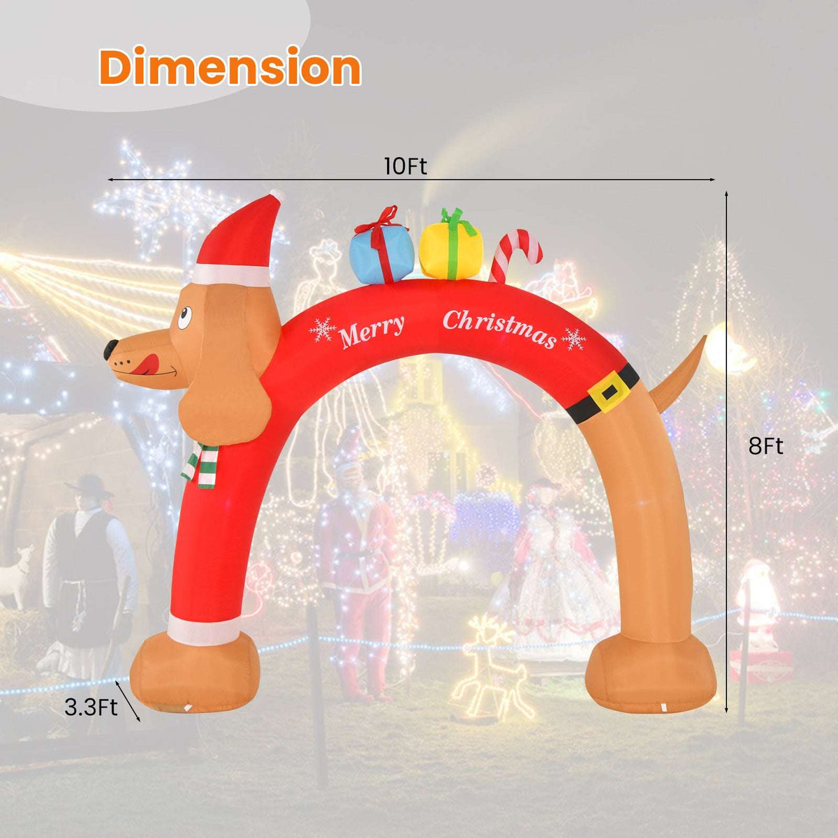 Inflatable dachshund Christmas arch, shown with 10-foot width and 8-foot height dimensions