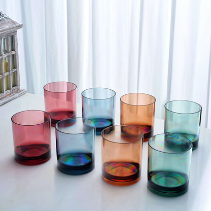 Acrylic lowball tumbler set arranged in tinted cups: pink, blue, amber, teal, green