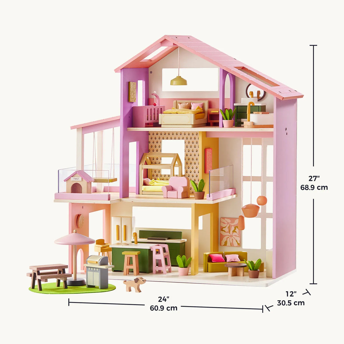 Tiny Land Sweetwood Edge Wooden Dollhouse - 48pc Green & Pink