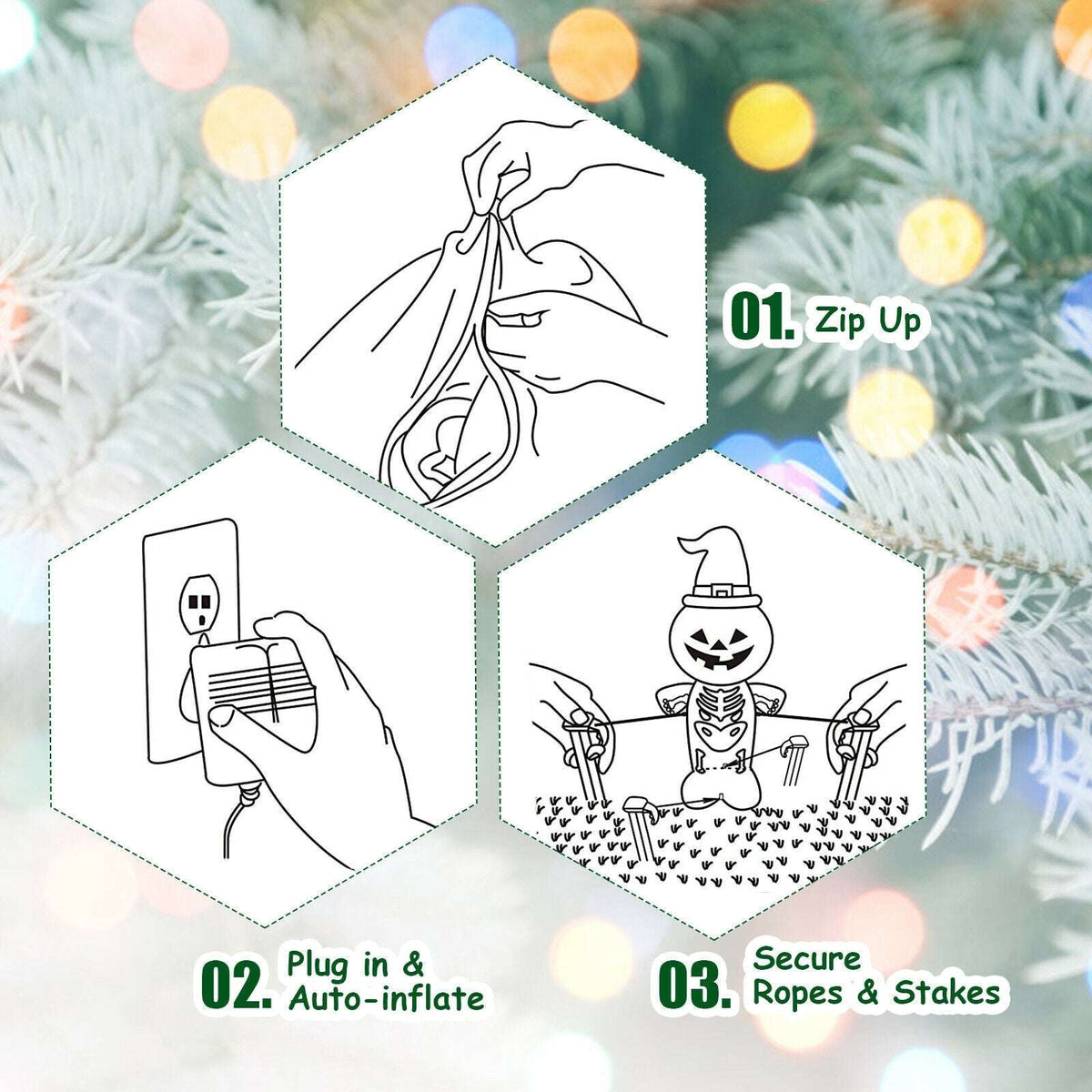 Inflatable Christmas dog setup instruction graphic showing zipper, plug, ropes, and stakes