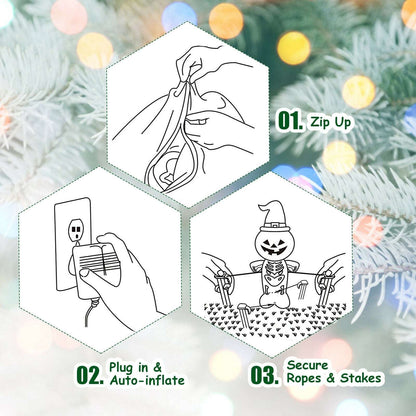 Inflatable Christmas dog setup instruction graphic showing zipper, plug, ropes, and stakes