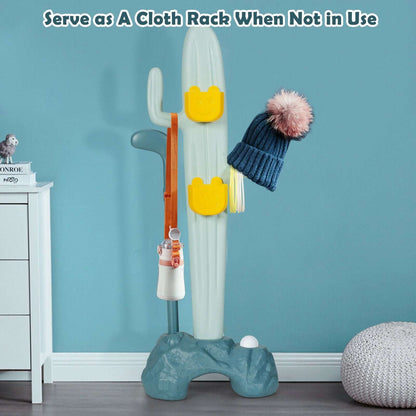 Cactus toy stand used as a rack for a hat and small bag