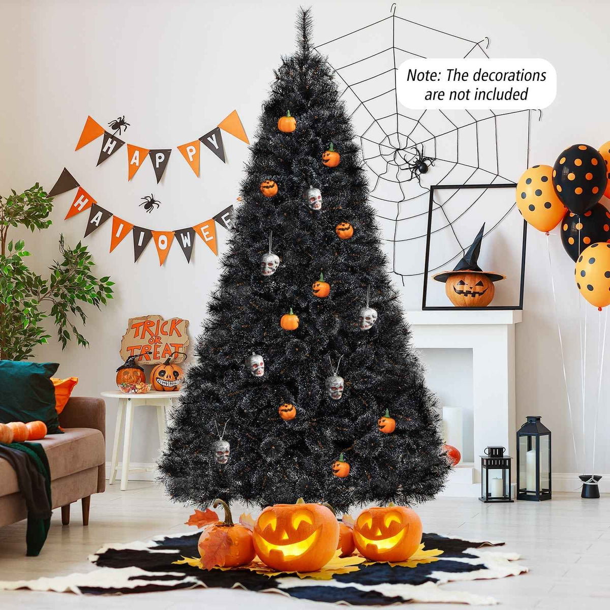 Black Artificial Halloween & Christmas Tree with Cool White LED Lights – 6 or 7 FT