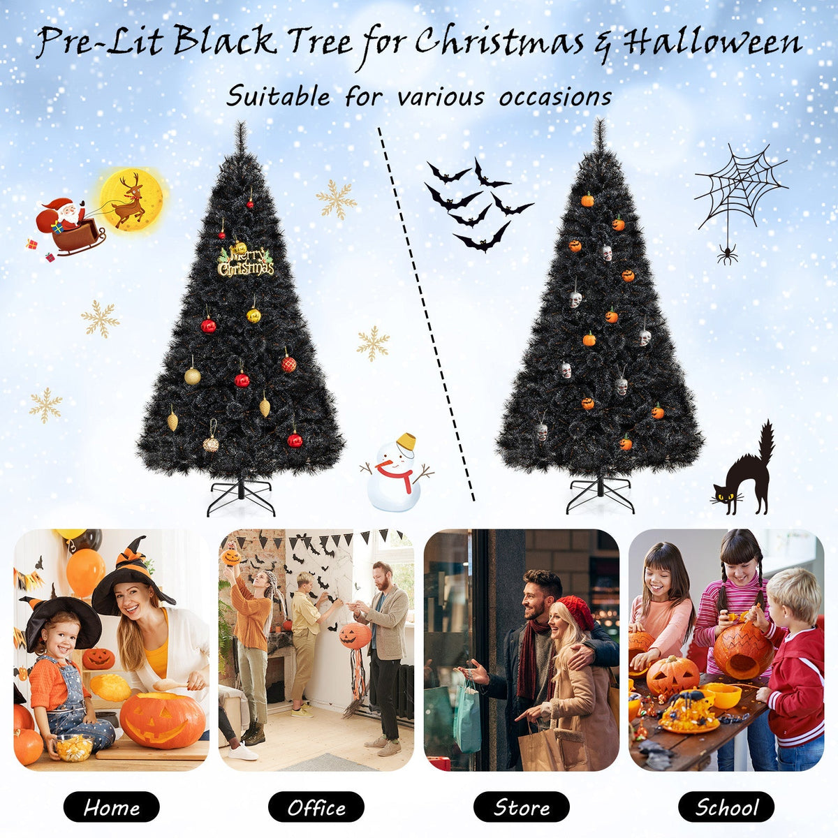 Black Artificial Halloween & Christmas Tree with Cool White LED Lights – 6 or 7 FT