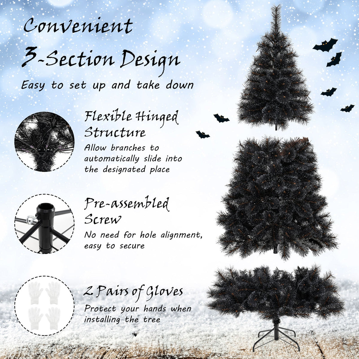 Black Artificial Halloween & Christmas Tree with Cool White LED Lights – 6 or 7 FT