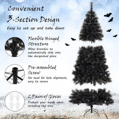 Black Artificial Halloween & Christmas Tree with Cool White LED Lights – 6 or 7 FT