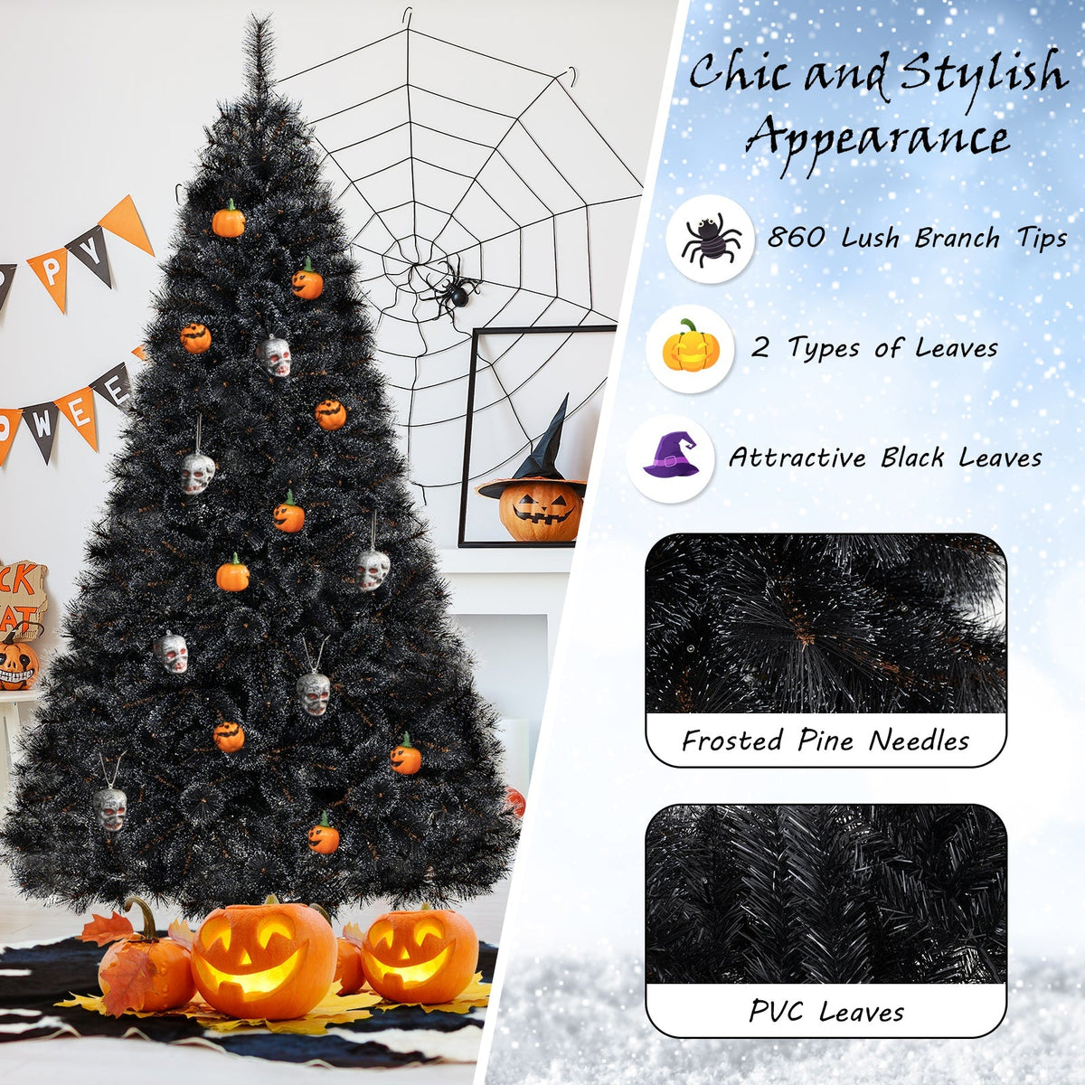 Black Artificial Halloween & Christmas Tree with Cool White LED Lights – 6 or 7 FT