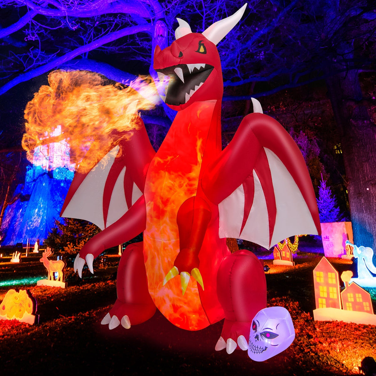8 Feet Halloween Inflatable Red Dragon with Wings & Skull