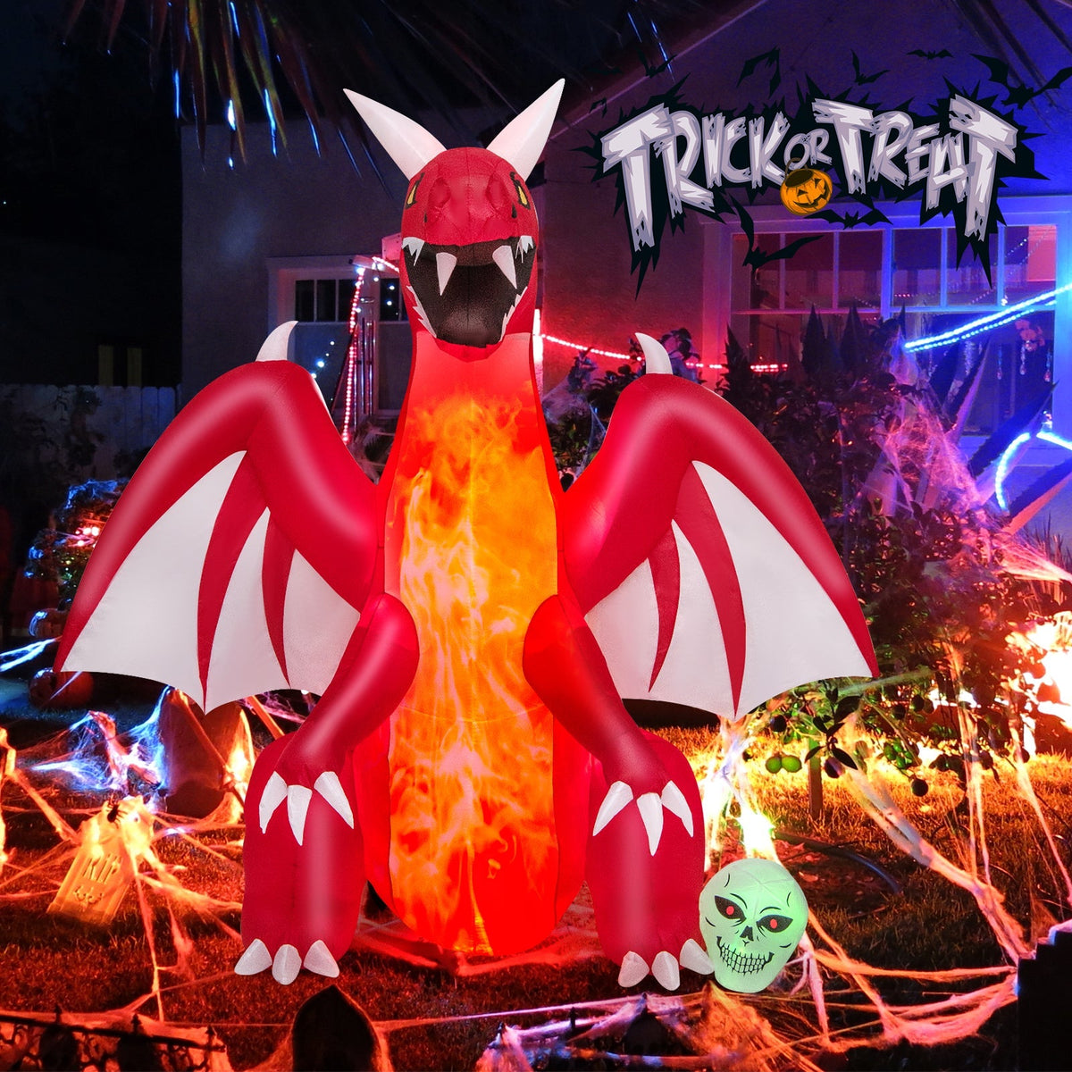 8 Feet Halloween Inflatable Red Dragon with Wings & Skull
