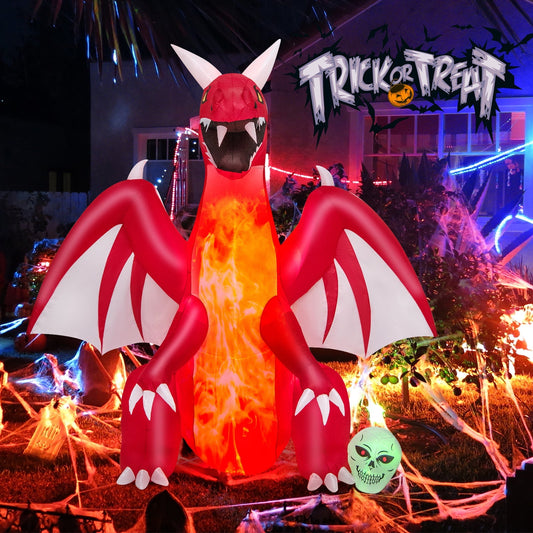 8 Feet Halloween Inflatable Red Dragon with Wings & Skull