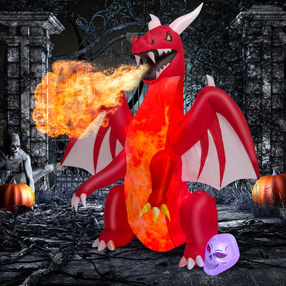 8 Feet Halloween Inflatable Red Dragon with Wings & Skull