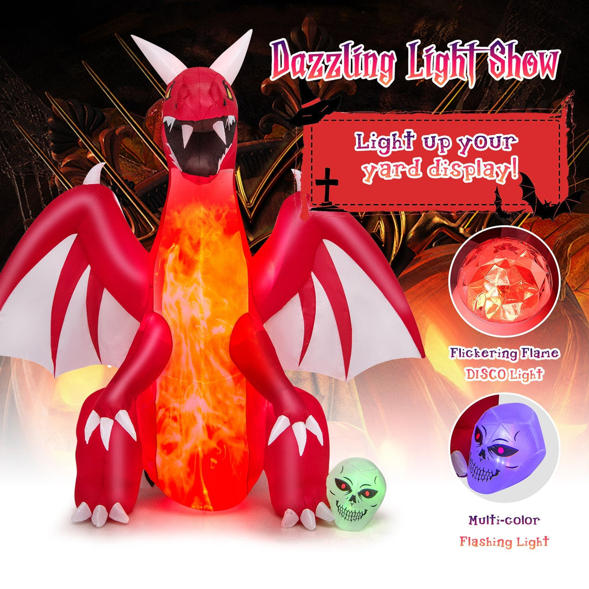 8 Feet Halloween Inflatable Red Dragon with Wings & Skull