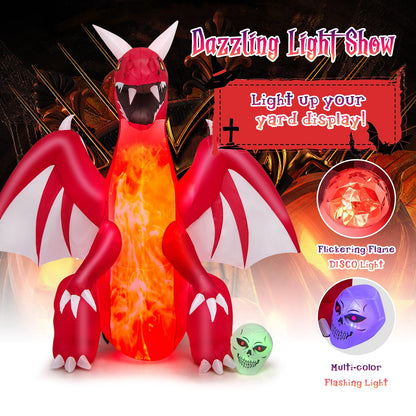 8 Feet Halloween Inflatable Red Dragon with Wings & Skull