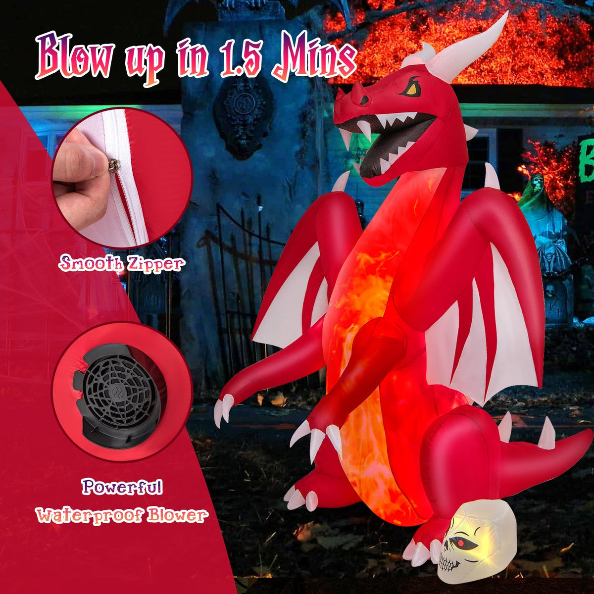 8 Feet Halloween Inflatable Red Dragon with Wings & Skull