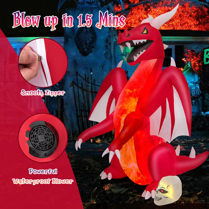 8 Feet Halloween Inflatable Red Dragon with Wings & Skull