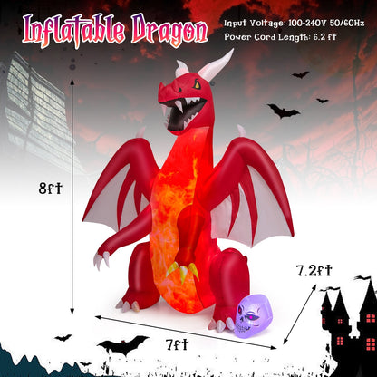 8 Feet Halloween Inflatable Red Dragon with Wings & Skull