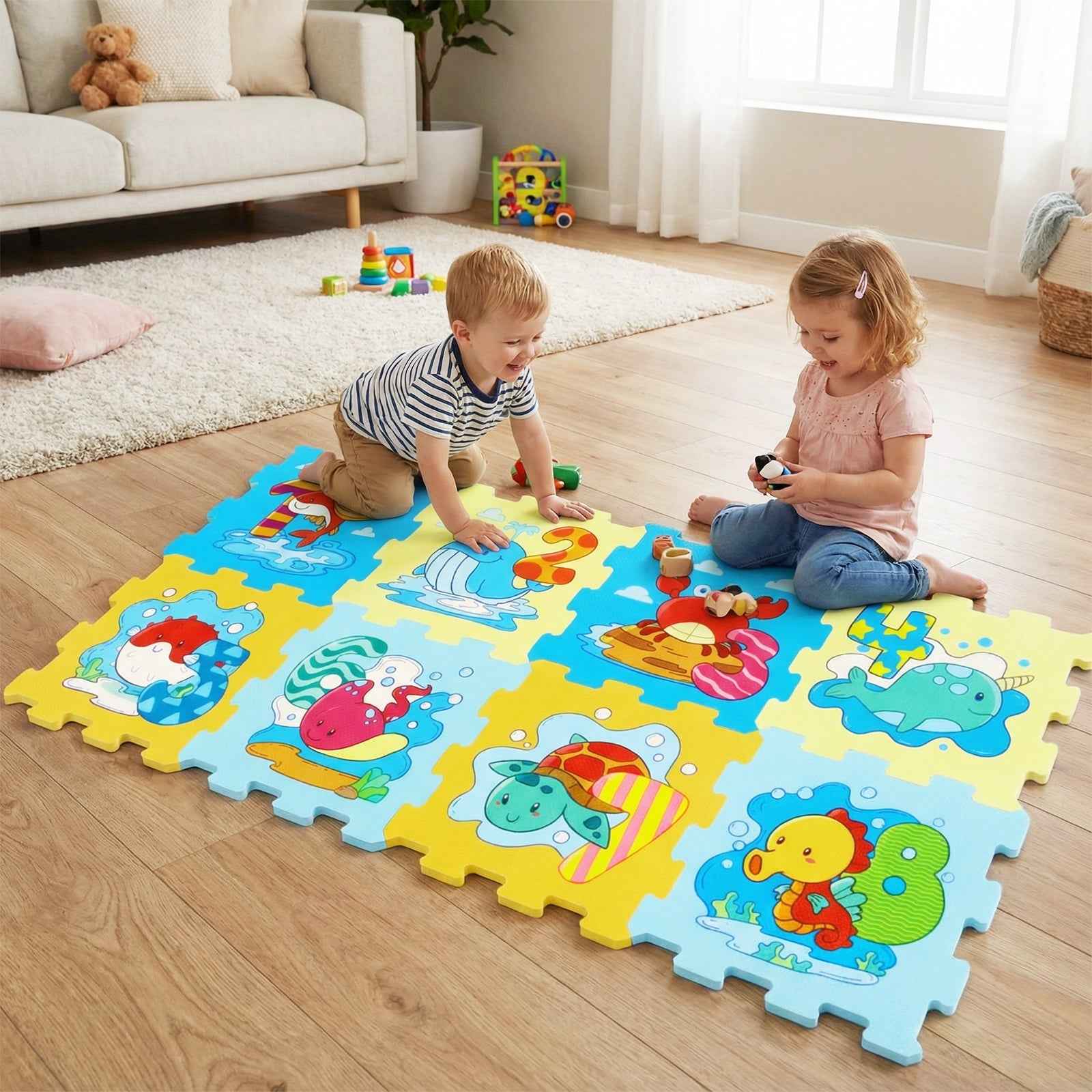 8-Piece Educational Interlocking Baby Play Mat with Animals and Numbers