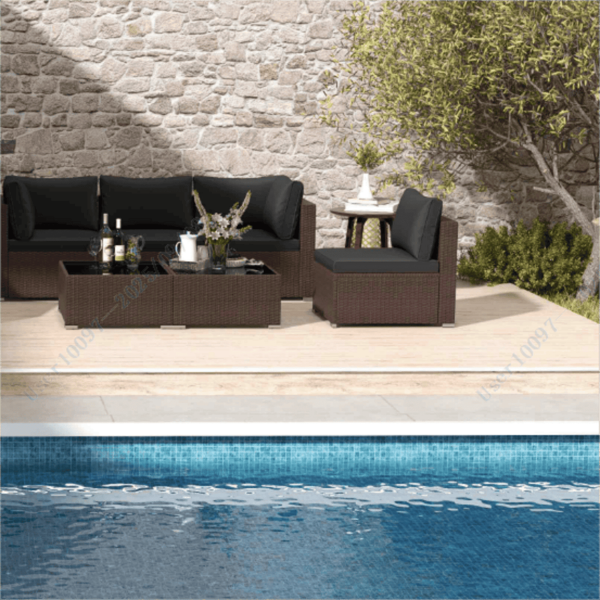 Outdoor patio furniture beside a swimming pool
