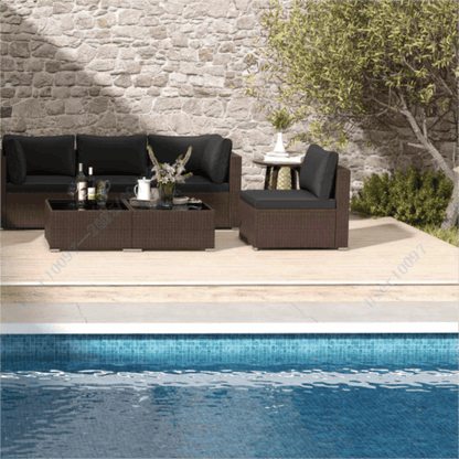 Outdoor patio furniture beside a swimming pool