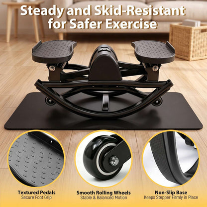 Black swing stepper with textured pedals, rolling wheels, and nonslip base