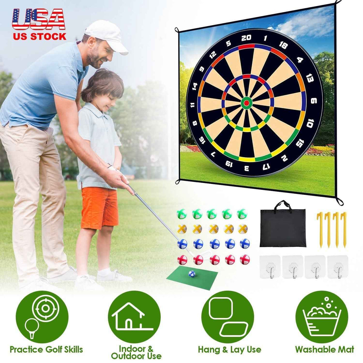 Golf Chipping Dart Game Mat Set with Sticky Balls and Carry Bag