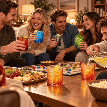 Assorted hobnail acrylic lowball glasses on a game-night table