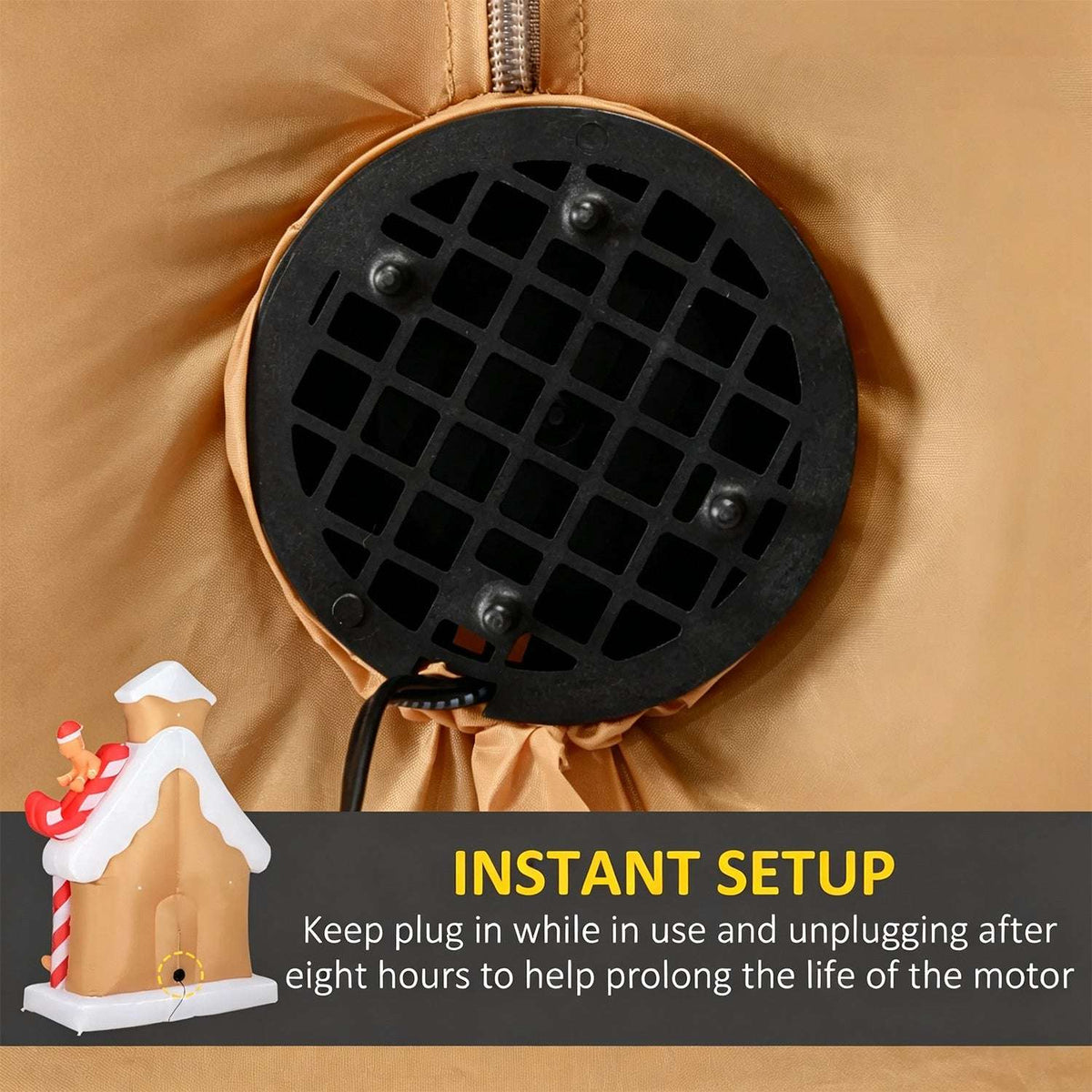Inflatable gingerbread house with a close-up view of its built-in air blower and power cord