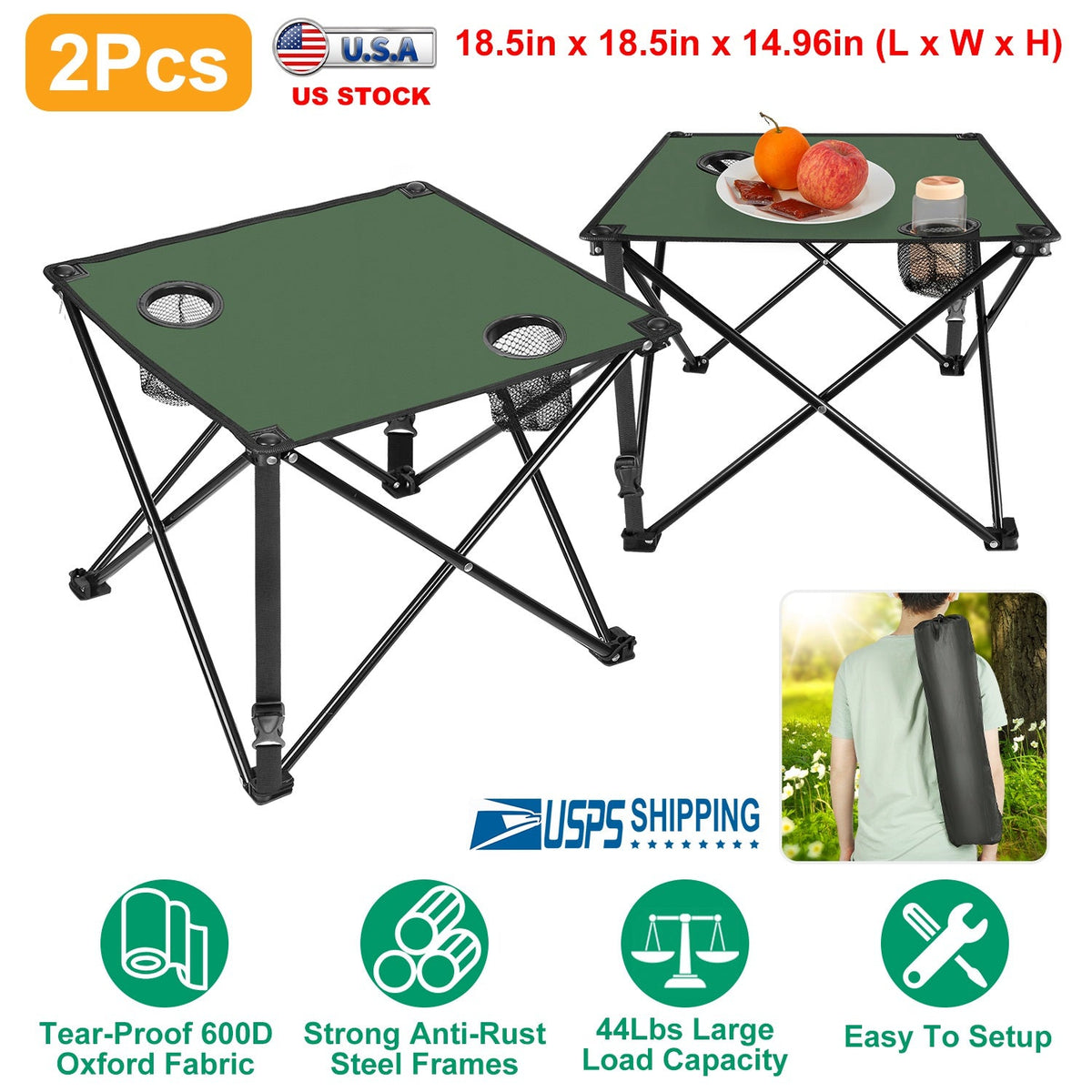 LakeForest Folding Camping Table with 2 Cup Holders – 600D Oxford, 44 lb Capacity | 18.5"x18.5" | 2.2 lbs | 1-Pc & 2-Pc Sets