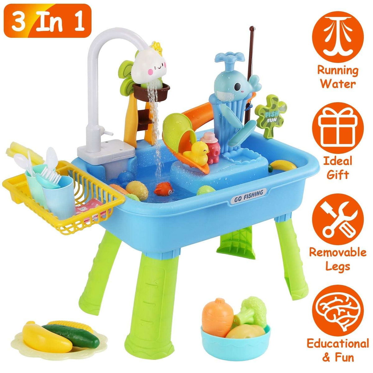 Kids sink toy with electric faucet, dolphin figure, and fishing rail over the basin