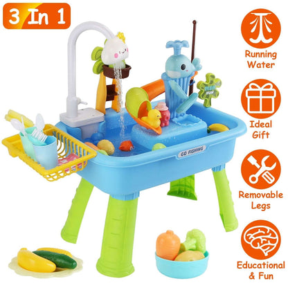 Kids sink toy with electric faucet, dolphin figure, and fishing rail over the basin